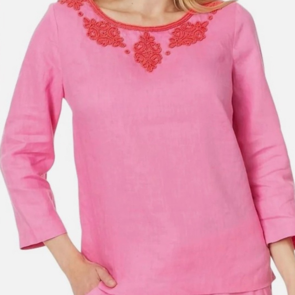 Lilly Pulitzer Pink Tunic Top with Coral Elon Beaded Linen 3/4 sleeve sz 6
